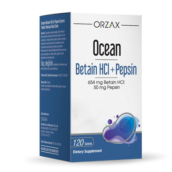Фотография товара Бетаин гидрохлорид+Пепсин Ocean Orzax/Орзакс таблетки п/о 1175мг 120шт