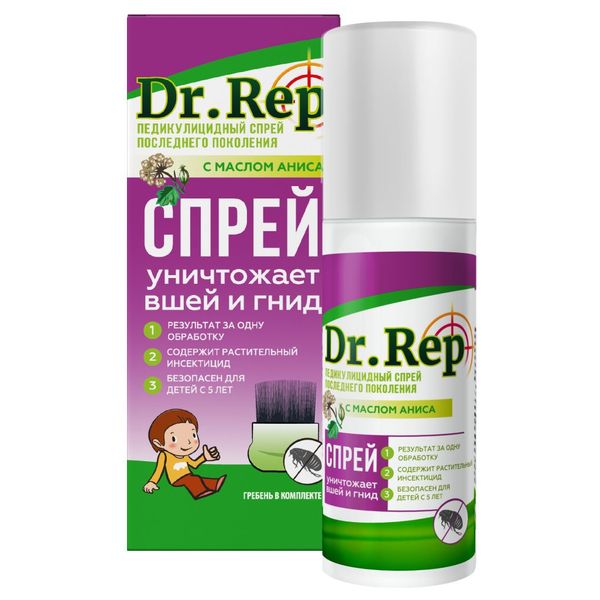 Фотография товара Спрей+гребень педикулицидный от вшей и гнид Dr.Rep/Др.Реп 100мл