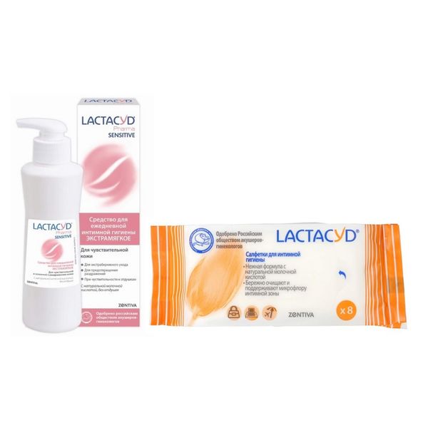 Фотография товара 1X Салфетки для интимной гигиены Lactacyd/Лактацид 8шт + 1X Лосьон для ежедневной интимной гигиены для чувствительной кожи Pharma Lactacyd/Лактацид фл. 250мл