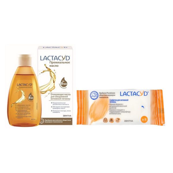 Фотография товара 1X Салфетки для интимной гигиены Lactacyd/Лактацид 8шт + 1X Масло д/интимн. гигиены очищ. и увлажн. Lactacyd/Лактацид 200мл