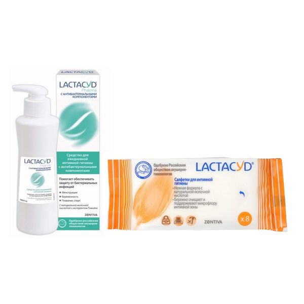 Фотография товара 1X Салфетки для интимной гигиены Lactacyd/Лактацид 8шт + 1X Лосьон с антибактериальными компонентами с экстрактом тимьяна Pharma Lactacyd/Лактацид фл. 250мл