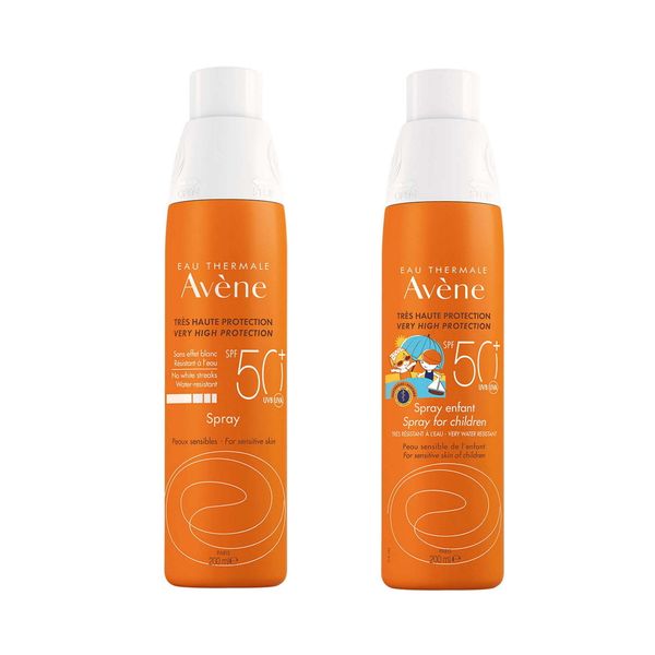 Фотография товара 1X Спрей солнцезащитный SPF50+ Avene/Авен 200мл (С19958) + 1X Спрей солнцезащитный для чувствительной кожи детский SPF50+ Avene/Авен фл. 200мл (C22999)