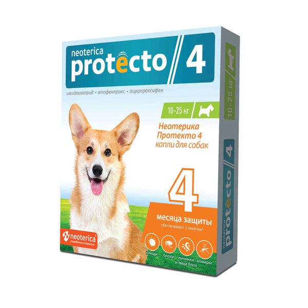Фотография товара Protecto 4 Neoterica капли инсектицидные для кошек и собак массой 4-10кг тюбик-пипетка 1мл 2шт