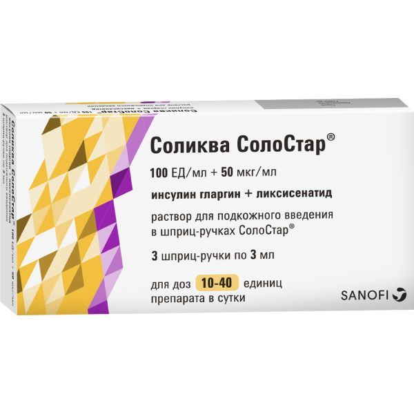 Фотография товара Соликва СолоСтар раствор для п/к введ. шприц-ручка 100ЕД/мл+50мкг/мл 3мл 3шт